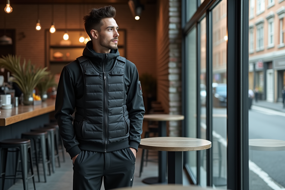 Homme en techwear dans un café minimaliste