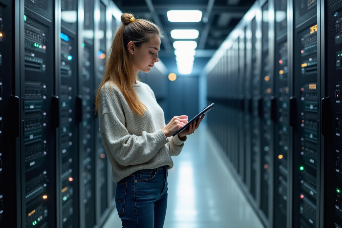 Jeune ingénieure en salle serveurs examine des données