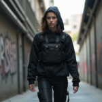 Jeune femme en techwear urbain dans une ruelle moderne