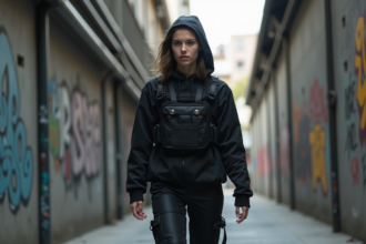 Jeune femme en techwear urbain dans une ruelle moderne