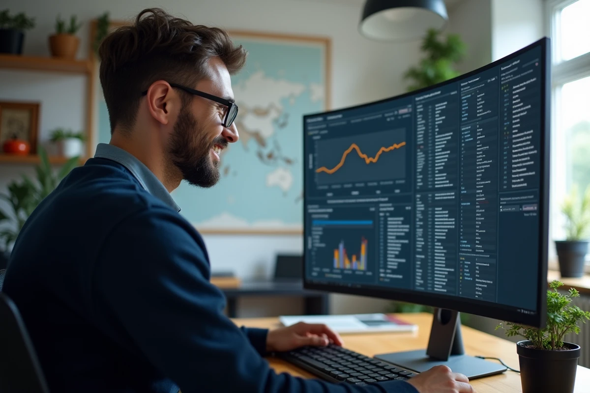 Jeune homme examinant des données sur un grand écran courbe