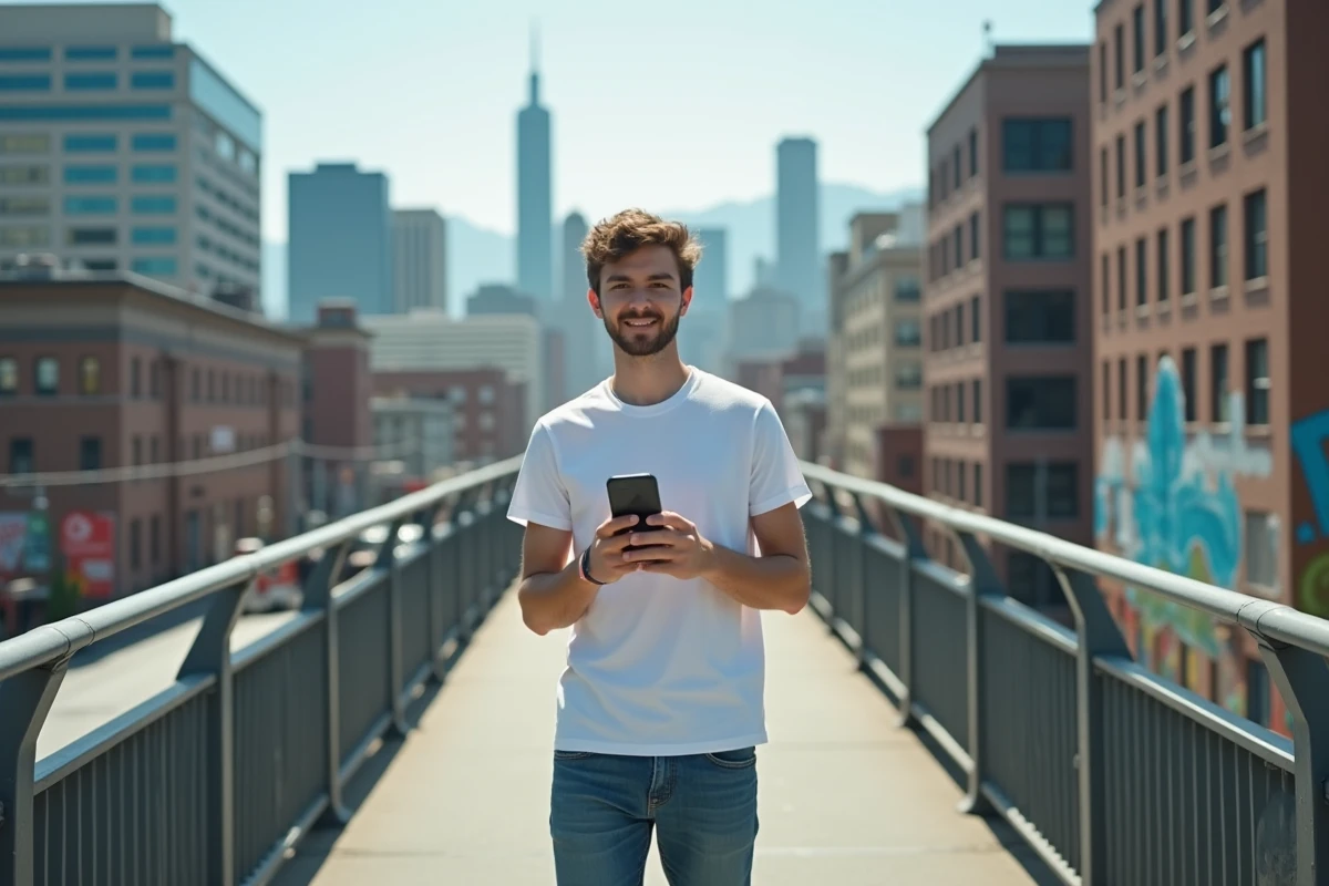 Jeune homme avec smartphone sur pont urbain