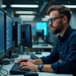 Homme informaticien au bureau en pleine concentration