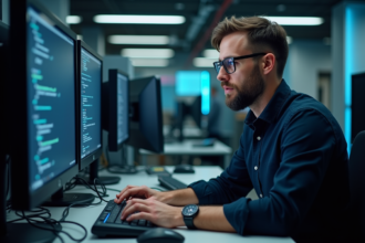 Homme informaticien au bureau en pleine concentration