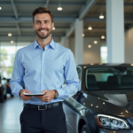 Vendeur de voitures d'occasion dans un showroom moderne