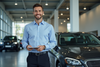 Vendeur de voitures d'occasion dans un showroom moderne