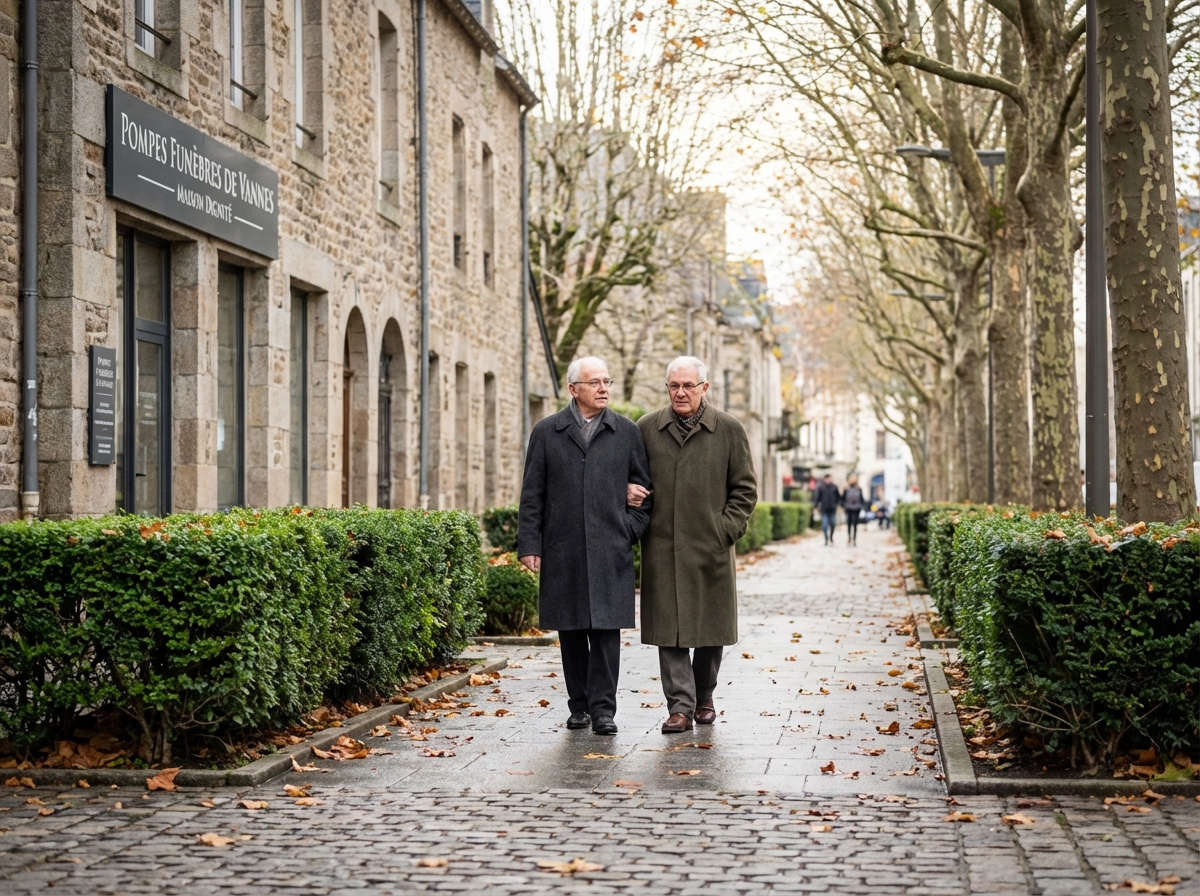 Couple âgé marchant devant le bâtiment funéraire à Vannes