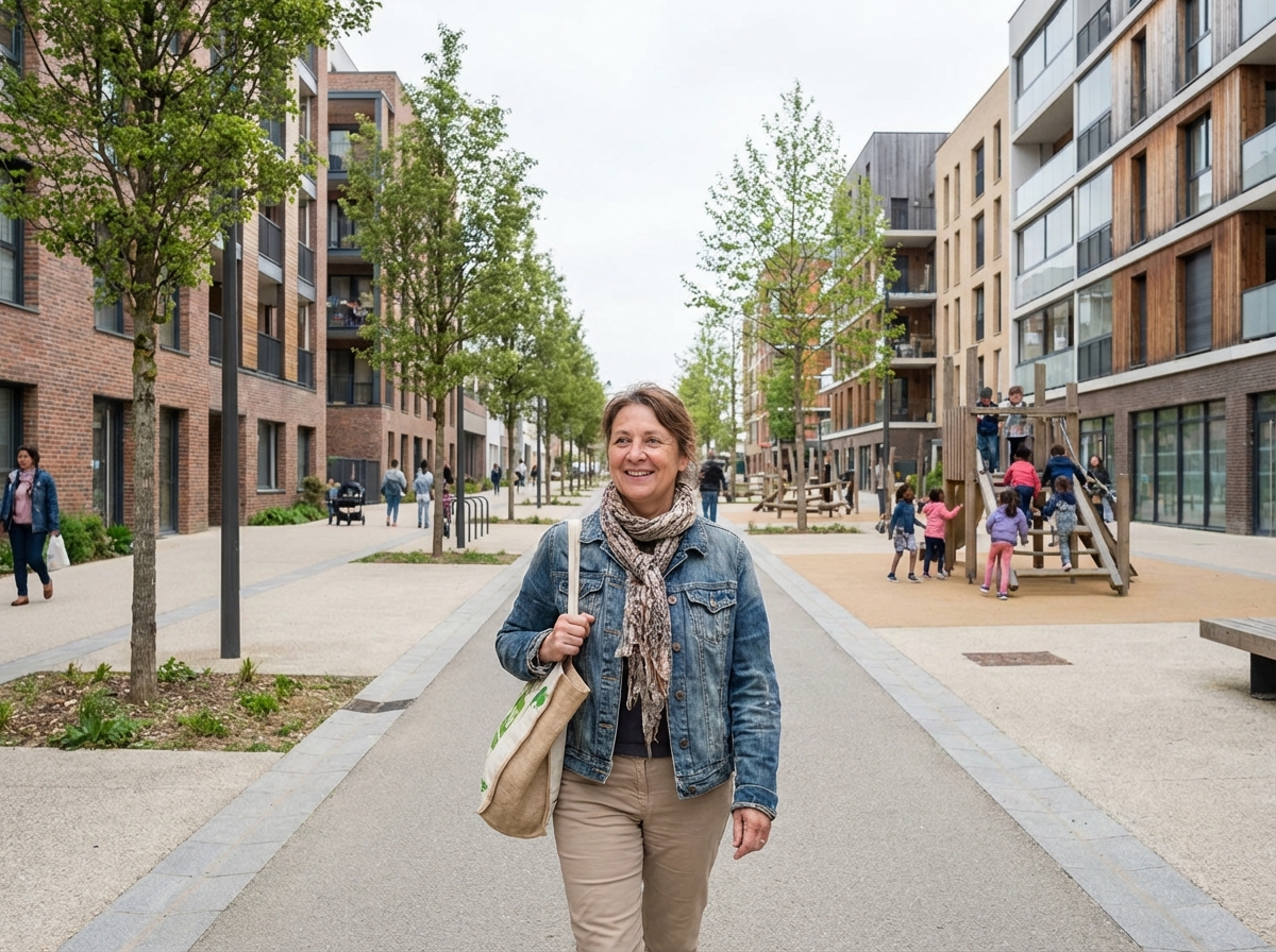 Femme avec sac réutilisable dans un quartier résidentiel
