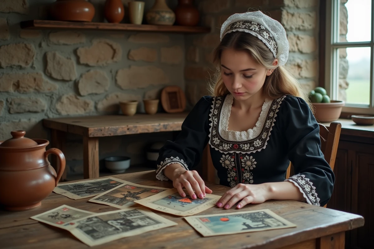 Jeune femme bretonne avec photos anciennes et coiffe traditionnelle