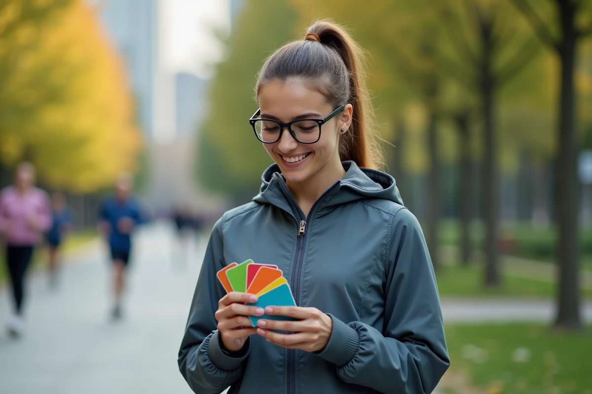 Femme examine des cartes trainer dans un parc urbain