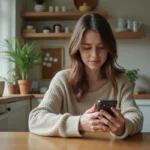 Jeune femme concentrée sur son smartphone dans la cuisine