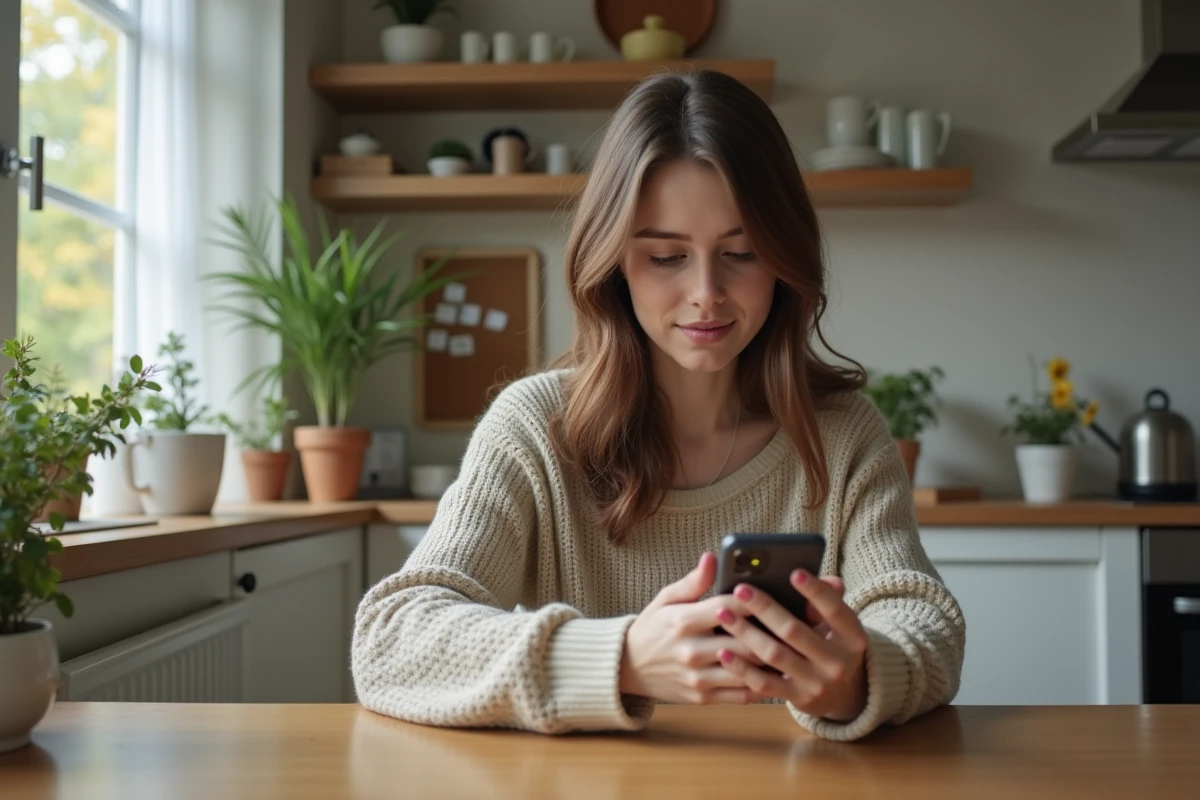 Jeune femme concentrée sur son smartphone dans la cuisine
