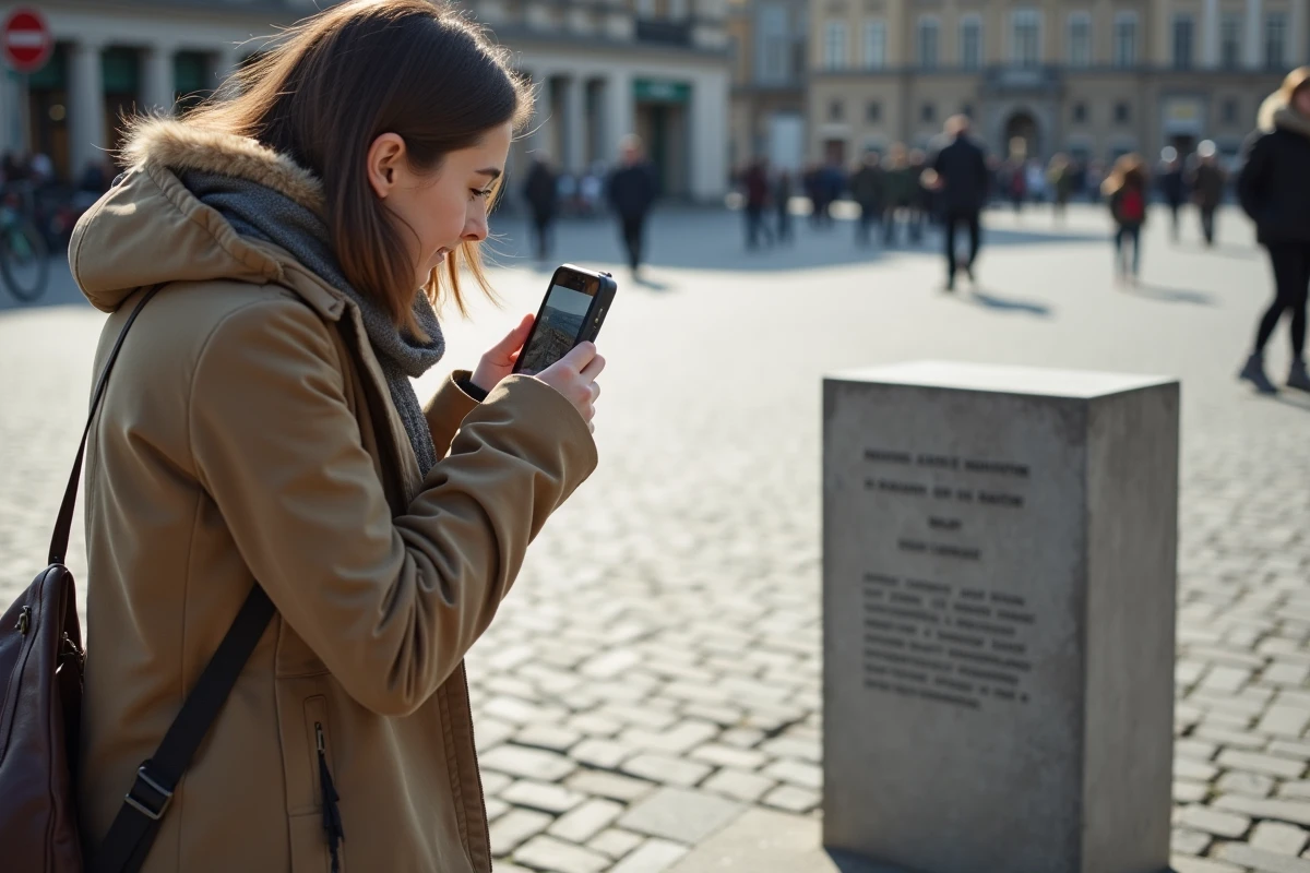 Jeune femme photographiant une plaque dans une place urbaine