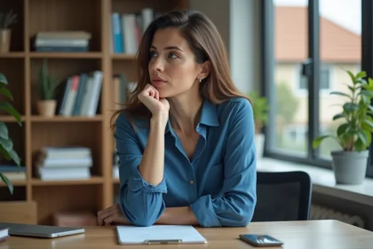 Femme pensant dans un bureau à domicile moderne
