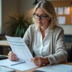 Femme vérifiant une fiche de paie dans un bureau moderne