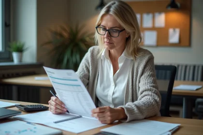 Femme vérifiant une fiche de paie dans un bureau moderne