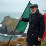 Homme breton regardant la mer avec drapeau gwenn ha du