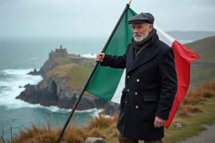 Homme breton regardant la mer avec drapeau gwenn ha du