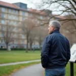 Homme en veste marine et jeans dans un parc historique
