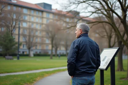 Homme en veste marine et jeans dans un parc historique