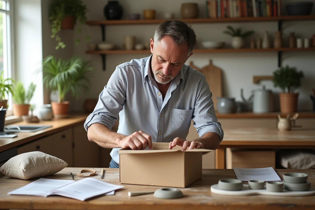 Homme déballant un kit de poterie dans une cuisine lumineuse