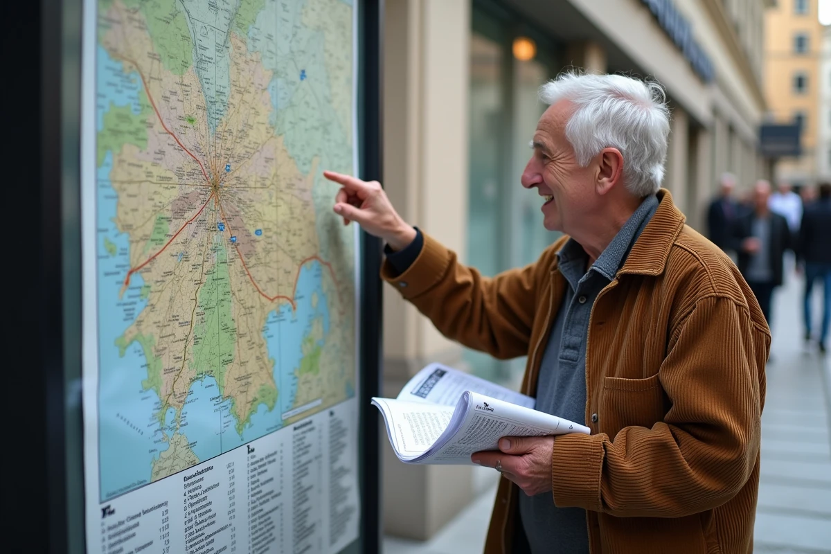 Homme âgé pointant une carte urbaine en extérieur