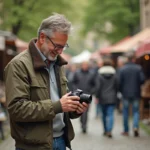 Homme d'âge moyen souriant avec une vieille caméra lors d'un marché en plein air
