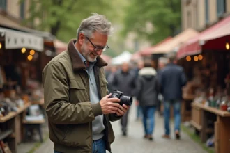 Homme d'âge moyen souriant avec une vieille caméra lors d'un marché en plein air