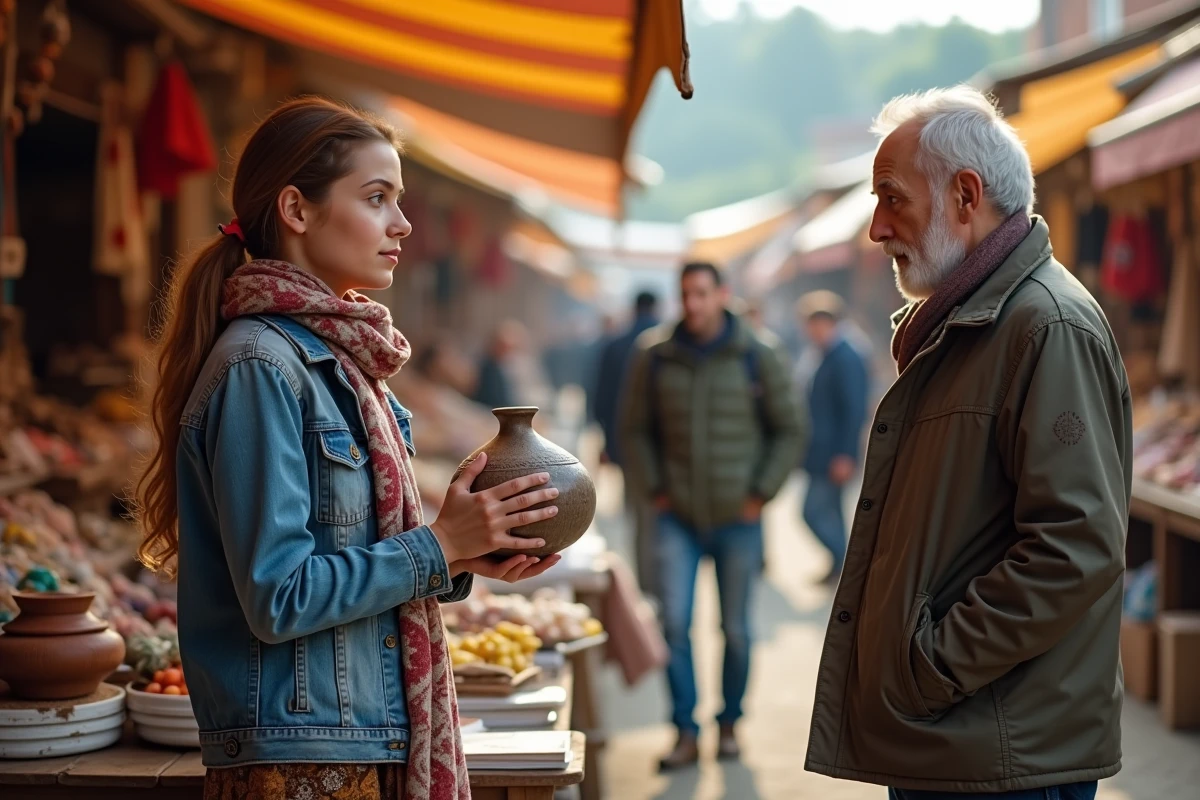 Jeune femme montrant un vase en discutant avec un vendeur au marché rural