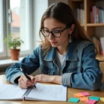 Jeune femme en denim lisant un carnet dans un appartement