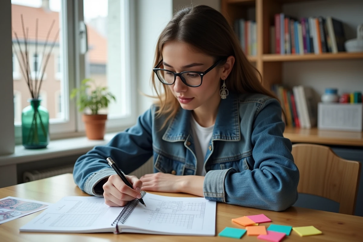 Jeune femme en denim lisant un carnet dans un appartement
