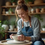 Jeune femme façonnant de l'argile sur un tour de potier dans un atelier cosy