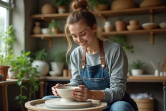 Jeune femme façonnant de l'argile sur un tour de potier dans un atelier cosy