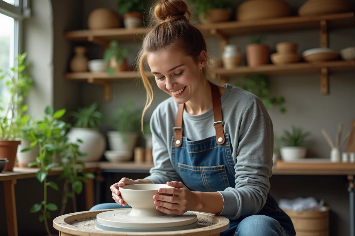 Jeune femme façonnant de l'argile sur un tour de potier dans un atelier cosy