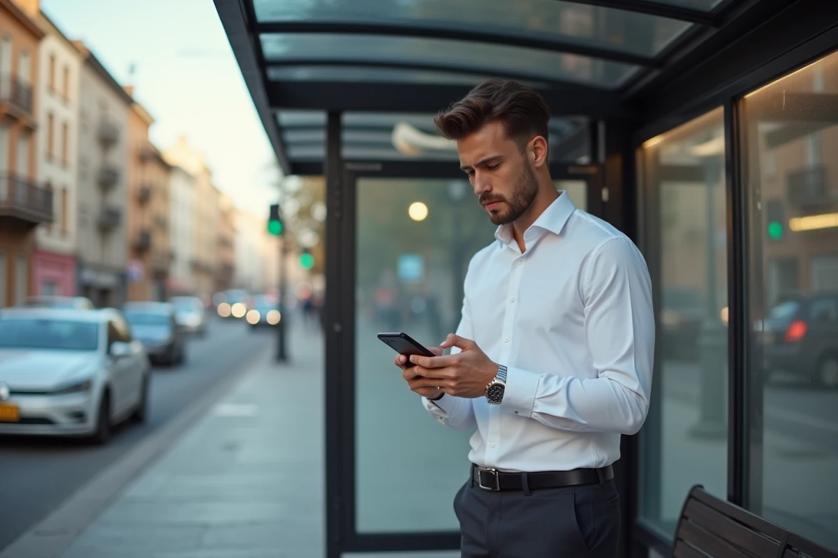 Jeune homme attendant au bus dans une rue urbaine