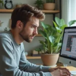 Jeune homme concentré travaillant sur un ordinateur dans un bureau lumineux