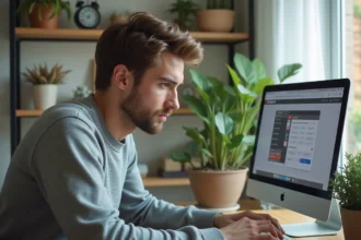 Jeune homme concentré travaillant sur un ordinateur dans un bureau lumineux