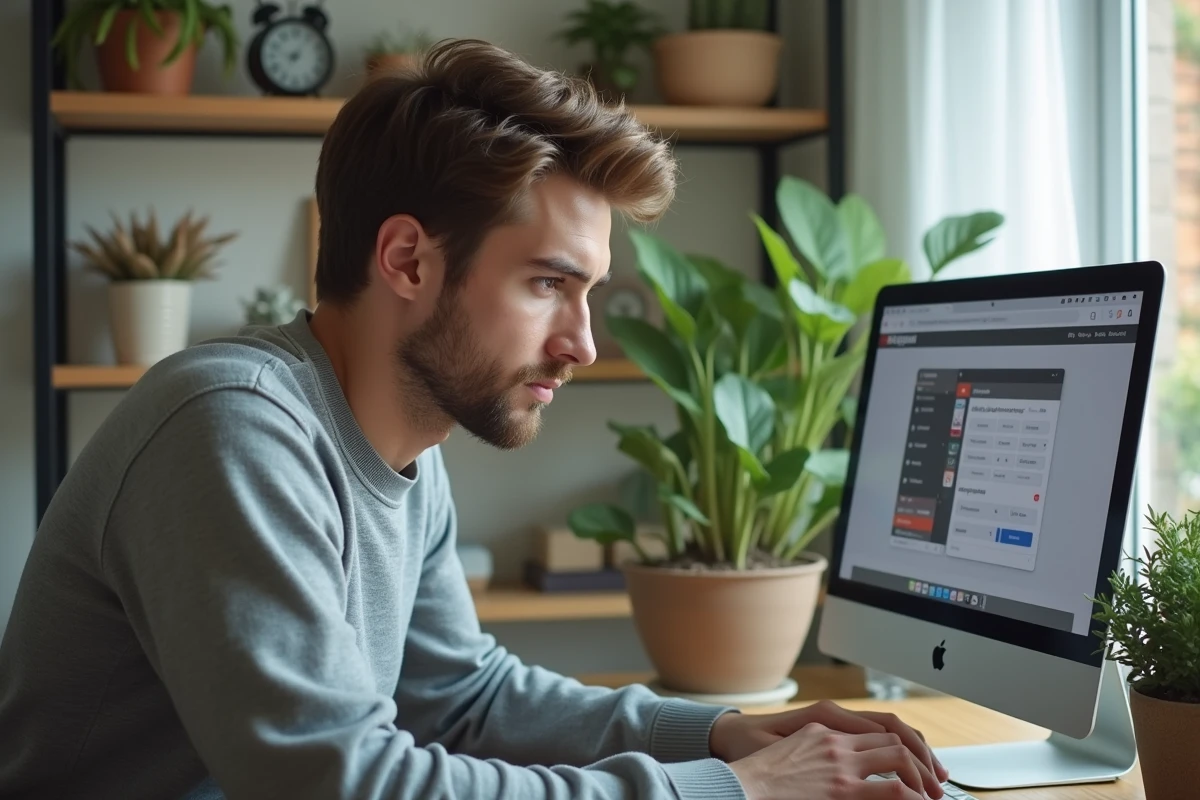 Jeune homme concentré travaillant sur un ordinateur dans un bureau lumineux