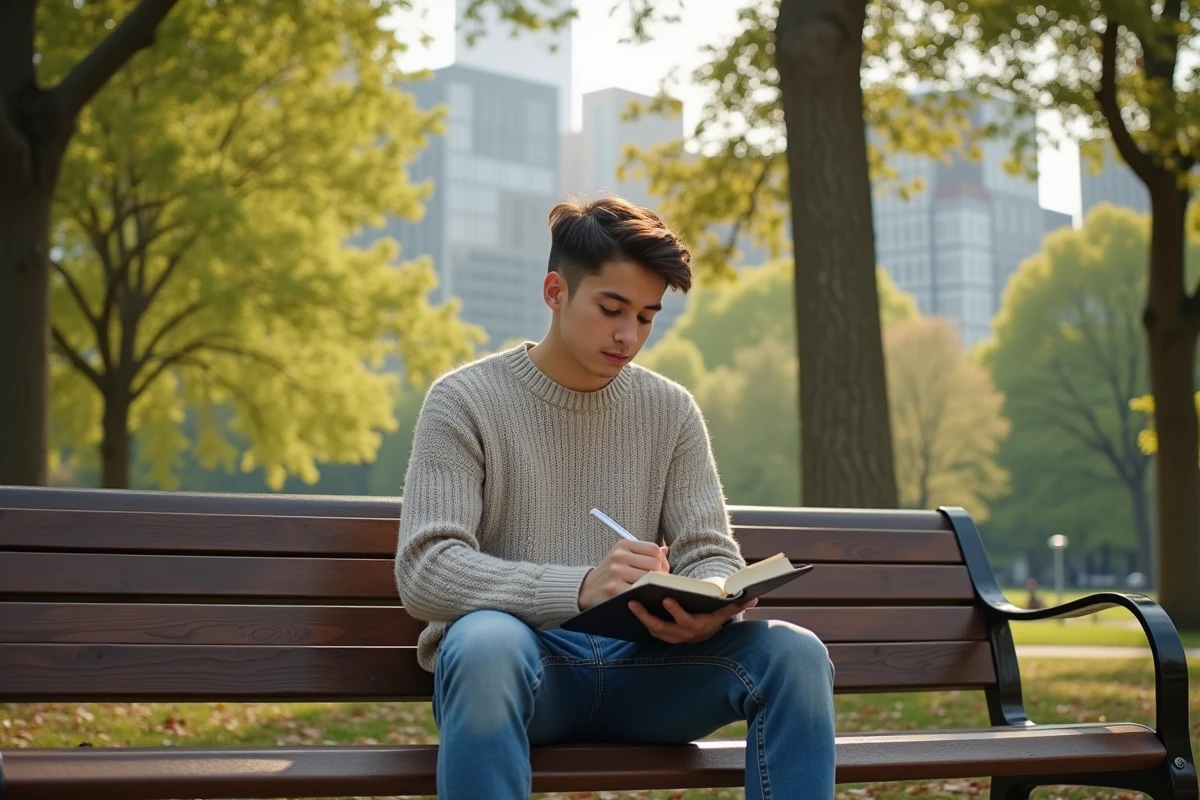 Jeune homme écrivant dans un journal dans un parc urbain