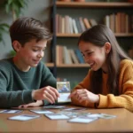 Deux adolescents jouent à un jeu de cartes dans un intérieur cosy