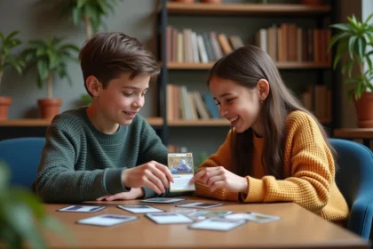 Deux adolescents jouent à un jeu de cartes dans un intérieur cosy