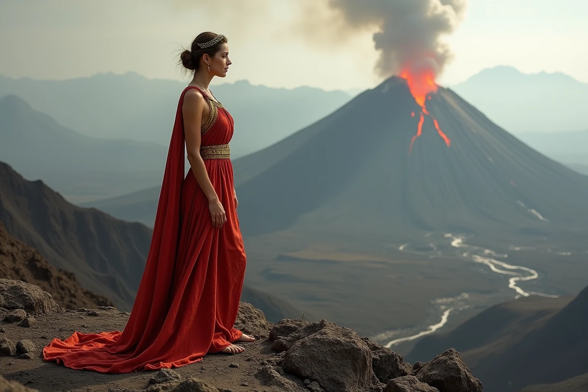 Jeune femme déguisée en Venus près d’un volcan actif