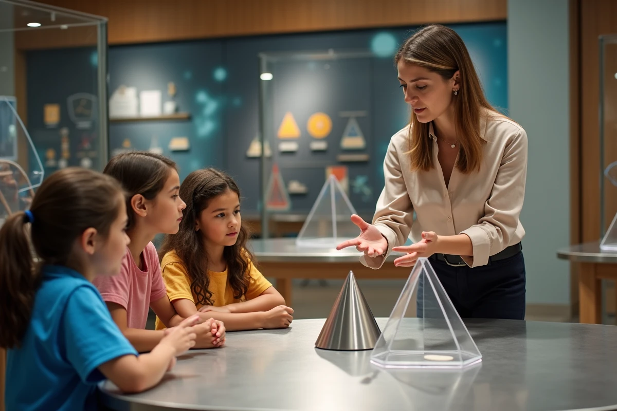 Professeure expliquant formes géométriques à des enfants