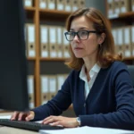 Femme en cardigan navy consulte des documents archivés