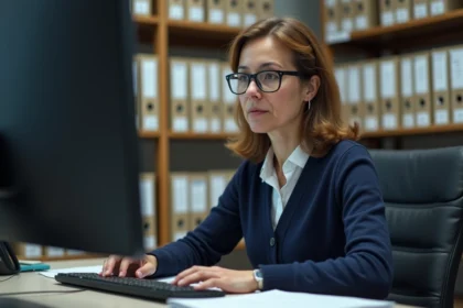 Femme en cardigan navy consulte des documents archivés