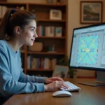 Jeune femme au bureau jouant à Scrabble sur ordinateur