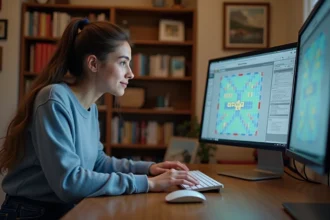 Jeune femme au bureau jouant à Scrabble sur ordinateur