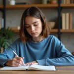 Jeune femme concentrée écrivant dans un carnet à la maison