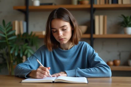 Jeune femme concentrée écrivant dans un carnet à la maison