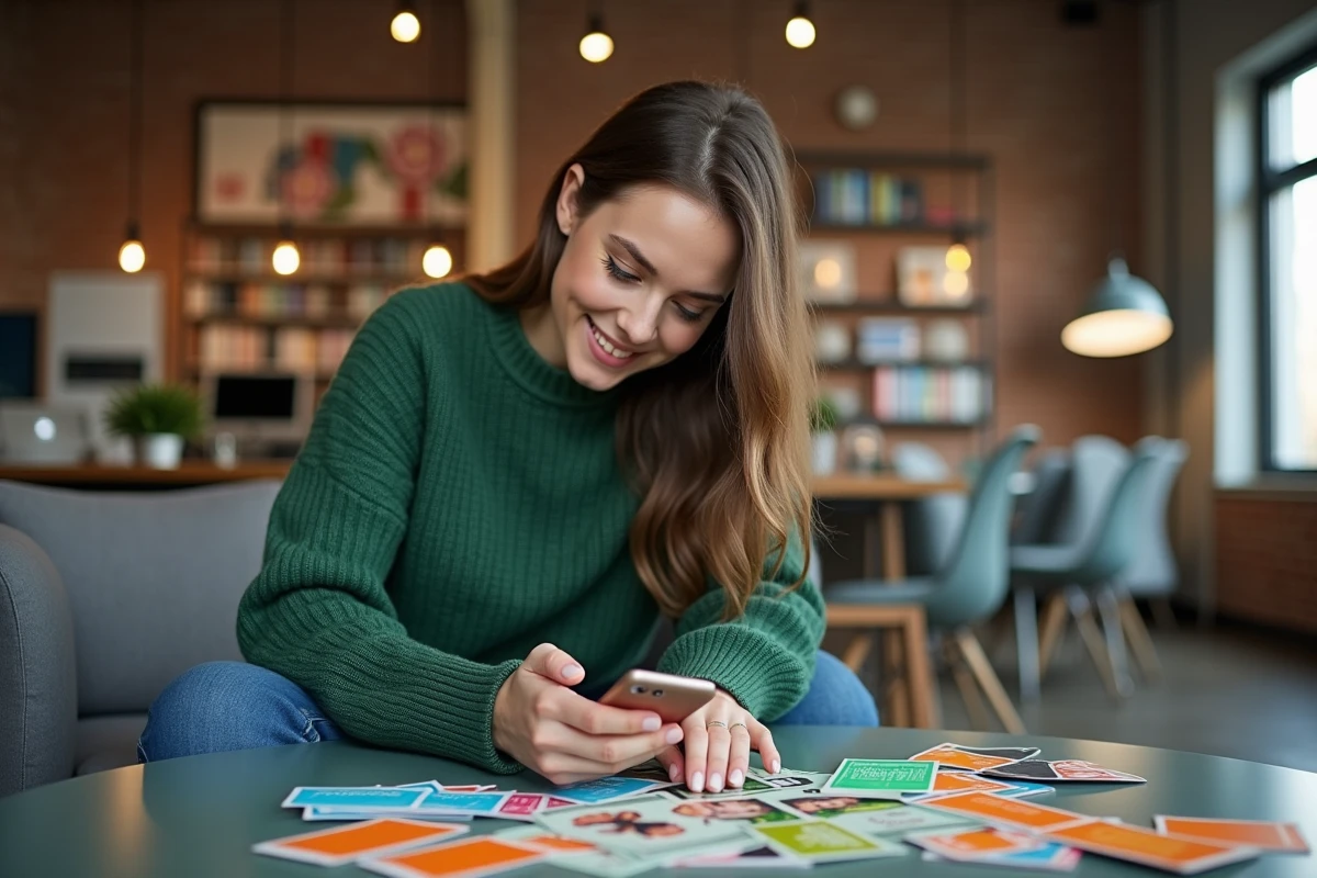 Jeune femme souriante vérifiant son téléphone dans un espace de coworking